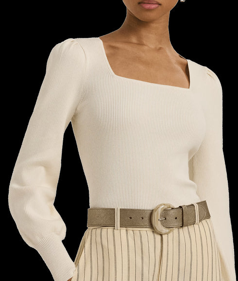 Rib-knit Puff-sleeve Sweater - Cream