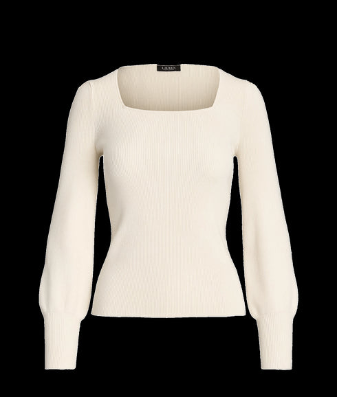 Rib-knit Puff-sleeve Sweater - Cream