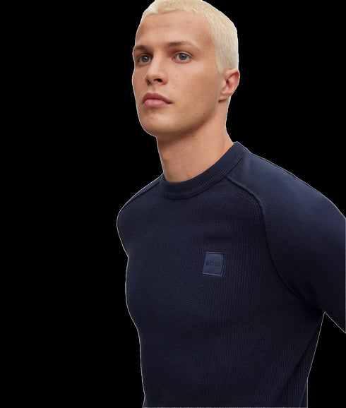 Mixed-structure Cotton-cashmere Sweater With Woven Label - Blue