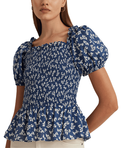 Floral Cotton Voile Peplum Blouse - Blue