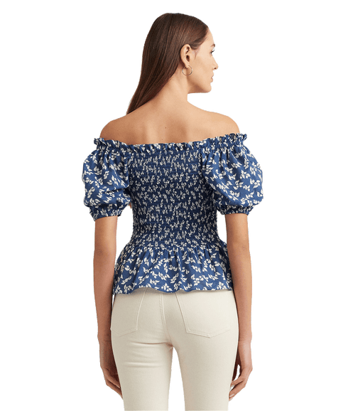 Floral Cotton Voile Peplum Blouse - Blue