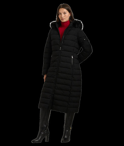 Faux-fur-trim Quilted Hooded Coat - Black