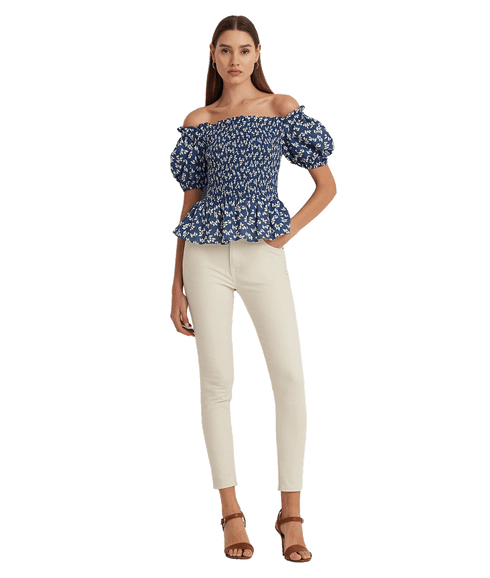 Floral Cotton Voile Peplum Blouse - Blue