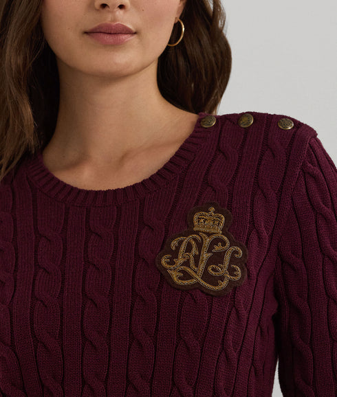 Button-trim Cable-knit Cotton Sweater - Red