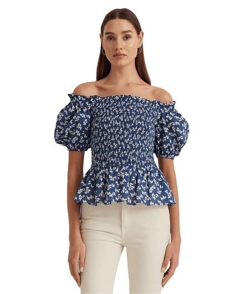 Floral Cotton Voile Peplum Blouse - Blue