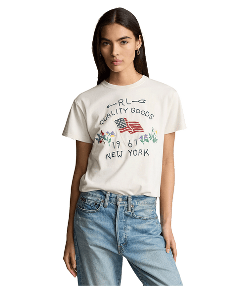 Embroidered Flag Cotton Tee - White