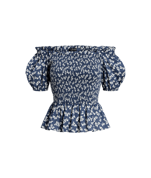 Floral Cotton Voile Peplum Blouse - Blue