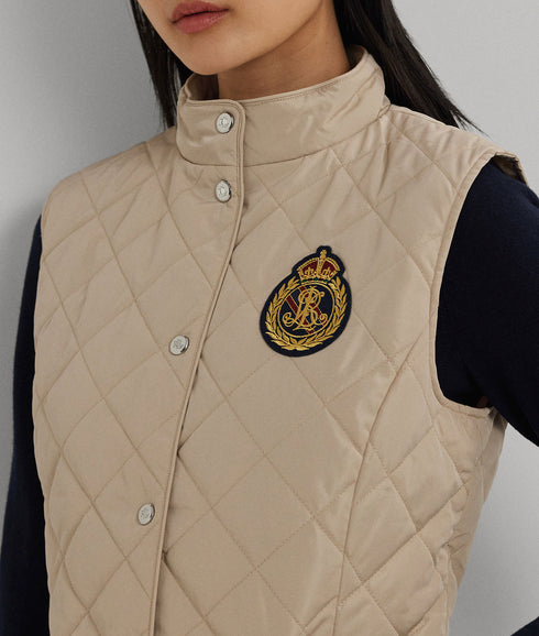 Crest-patch Quilted Mockneck Vest - Beige