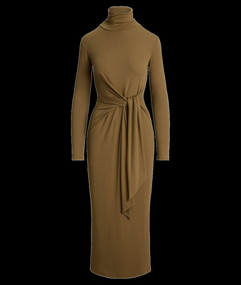 Tie-front Turtleneck Dress - Brown