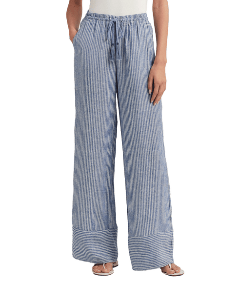 Pinstripe Linen Wide-leg Pant - Blue