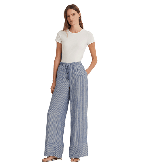 Pinstripe Linen Wide-leg Pant - Blue