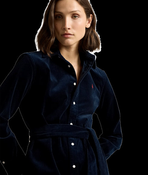 Belted Corduroy Shirtdress - Navy