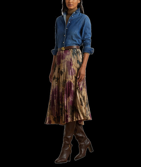 Floral Pleated Satin Charmeuse Skirt - Multi