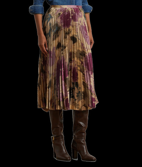 Floral Pleated Satin Charmeuse Skirt - Multi