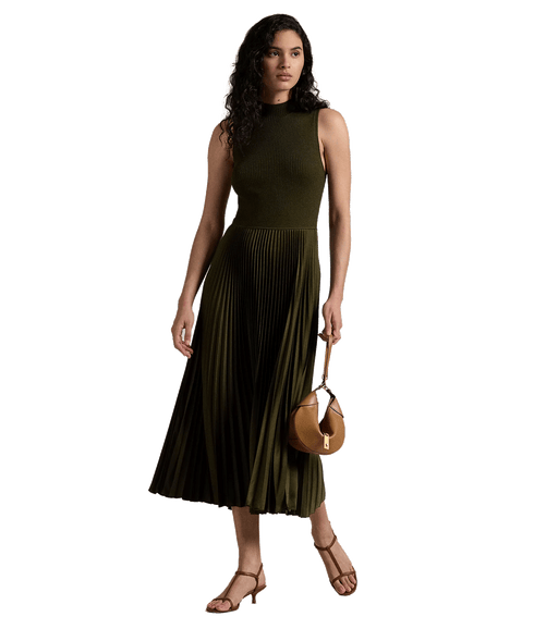 Pleated Sleeveless Mockneck Dress - Green