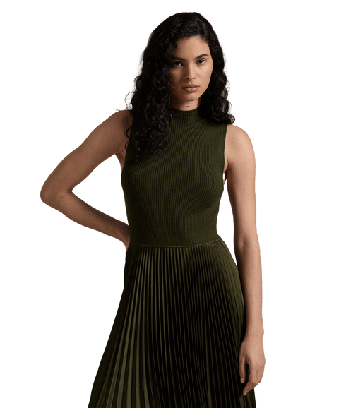 Pleated Sleeveless Mockneck Dress - Green
