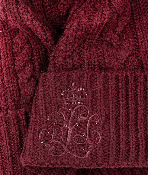 Pom-pom Cable-knit Beanie - Red