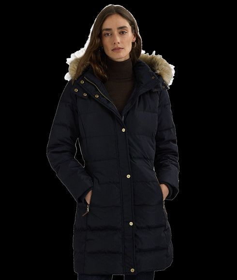 Faux-fur-trim Hooded Down Coat - Navy