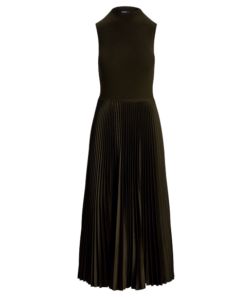 Pleated Sleeveless Mockneck Dress - Green