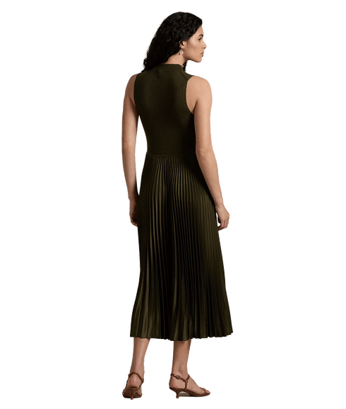 Pleated Sleeveless Mockneck Dress - Green