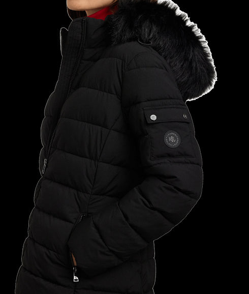 Faux-fur-trim Quilted Hooded Coat - Black