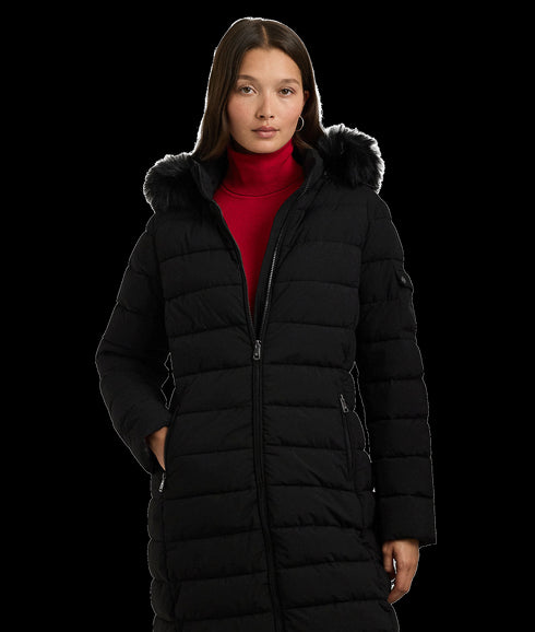 Faux-fur-trim Quilted Hooded Coat - Black