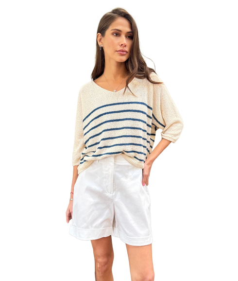 Grace Tee - Ecru/Blue Stripes