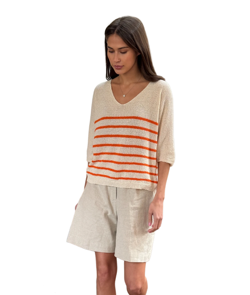 Grace Tee - Ecru/Tangerine Stripes