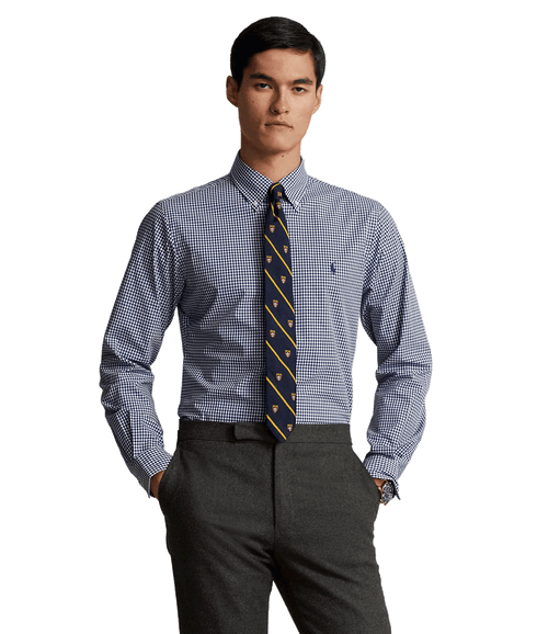 Custom Fit Gingham Stretch Poplin Shirt - Navy