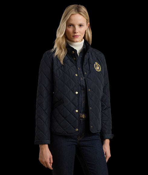 Crest-Patch Quilted Mockneck Jacket - Navy