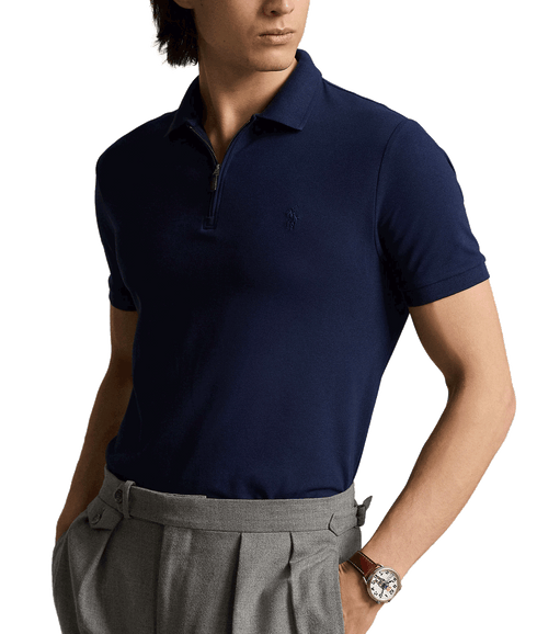Custom Slim Fit Stretch Mesh Polo Shirt - Navy