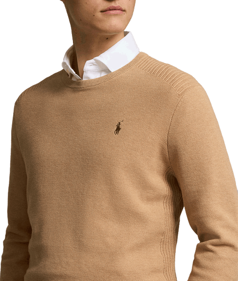 Mesh-knit Cotton Crewneck Sweater - Beige