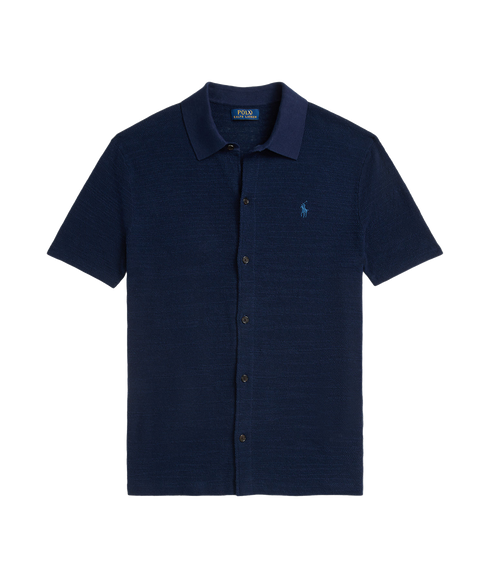 Textured Cotton-linen Shirt Sweater - Navy