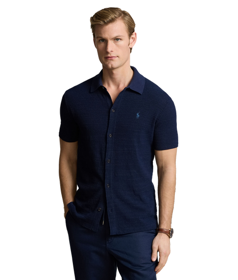 Textured Cotton-linen Shirt Sweater - Navy