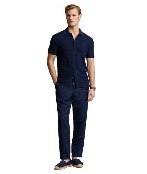 Textured Cotton-linen Shirt Sweater - Navy