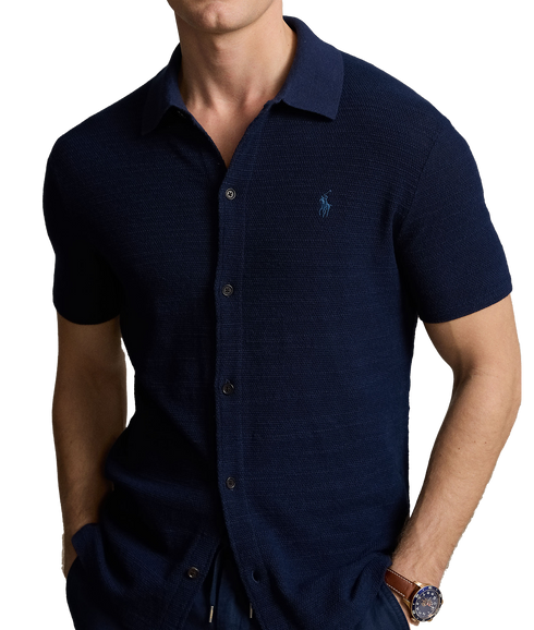 Textured Cotton-linen Shirt Sweater - Navy