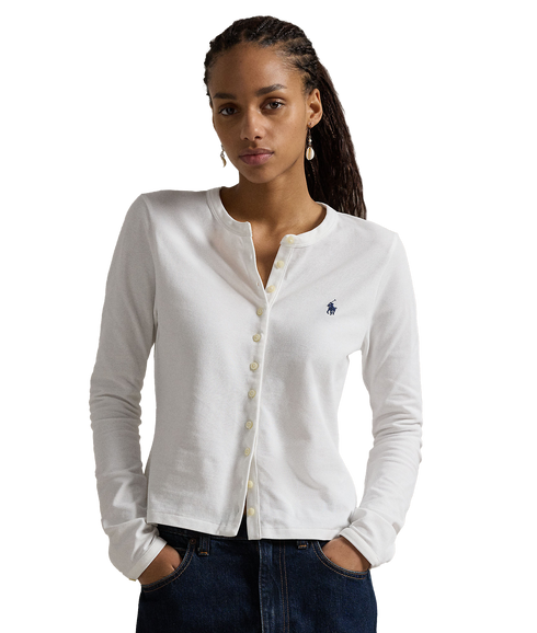 Stretch Mesh Cotton Crewneck Cardigan - White