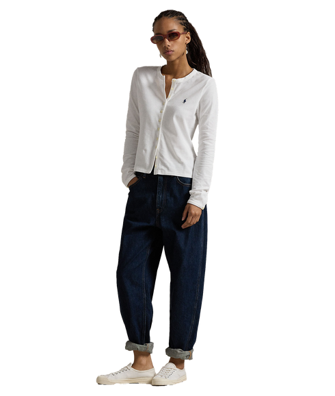 Stretch Mesh Cotton Crewneck Cardigan - White