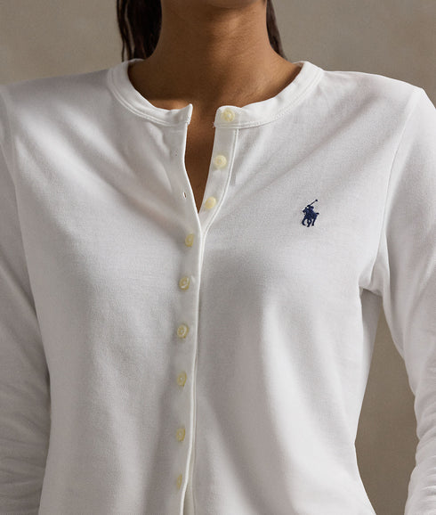 Stretch Mesh Cotton Crewneck Cardigan - White