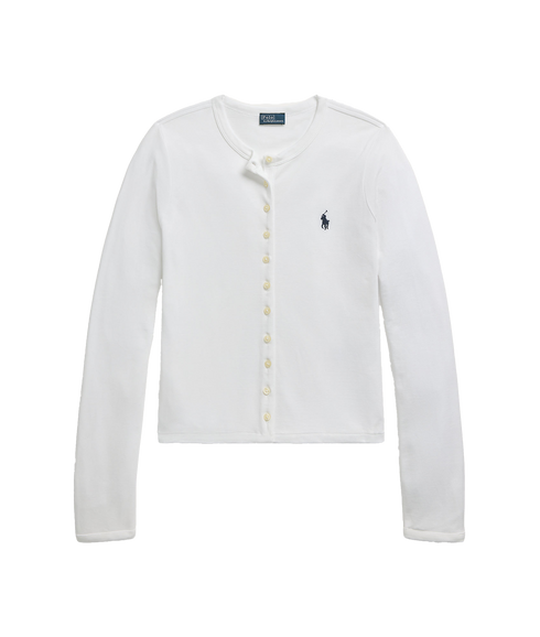 Stretch Mesh Cotton Crewneck Cardigan - White