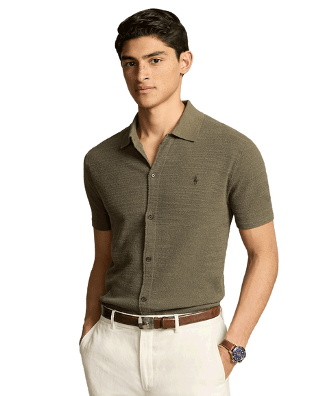 Textured Cotton-linen Shirt Sweater - Green
