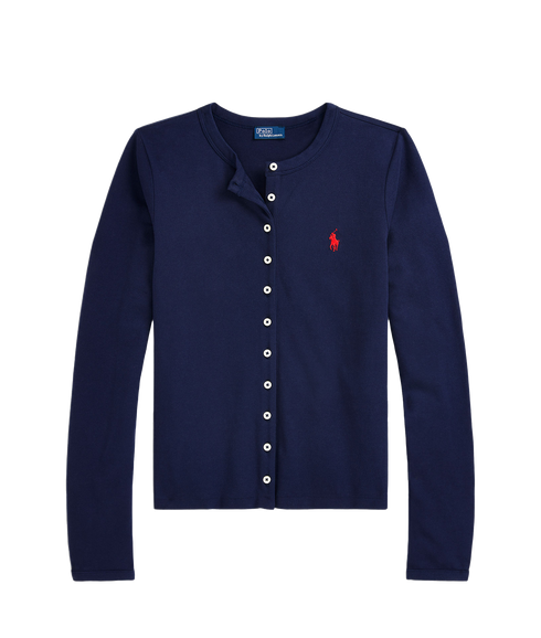 Stretch Mesh Cotton Crewneck Cardigan - Navy
