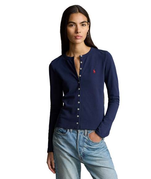 Stretch Mesh Cotton Crewneck Cardigan - Navy