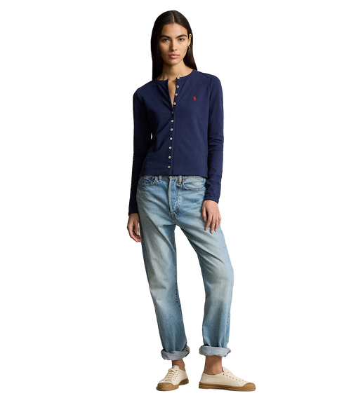 Stretch Mesh Cotton Crewneck Cardigan - Navy