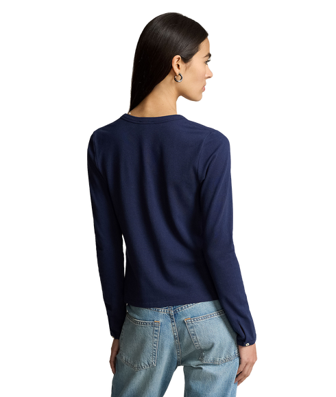 Stretch Mesh Cotton Crewneck Cardigan - Navy