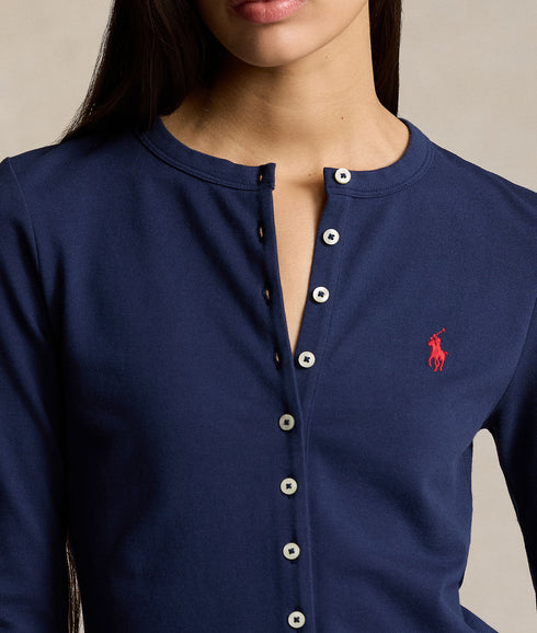 Stretch Mesh Cotton Crewneck Cardigan - Navy