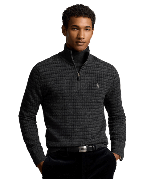 Plaid Wool Quarter-zip Sweater - Grey