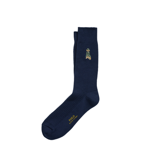 Dog-embroidered Waffle-knit Crew Socks - Navy