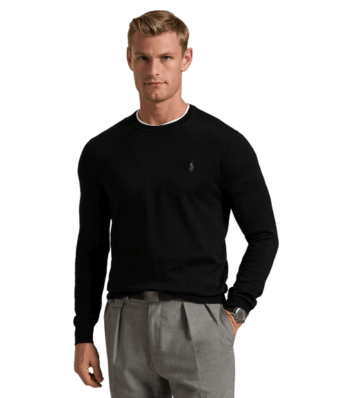 Slim Fit Washable Wool Crewneck Sweater - Black