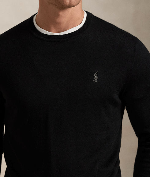 Slim Fit Washable Wool Crewneck Sweater - Black